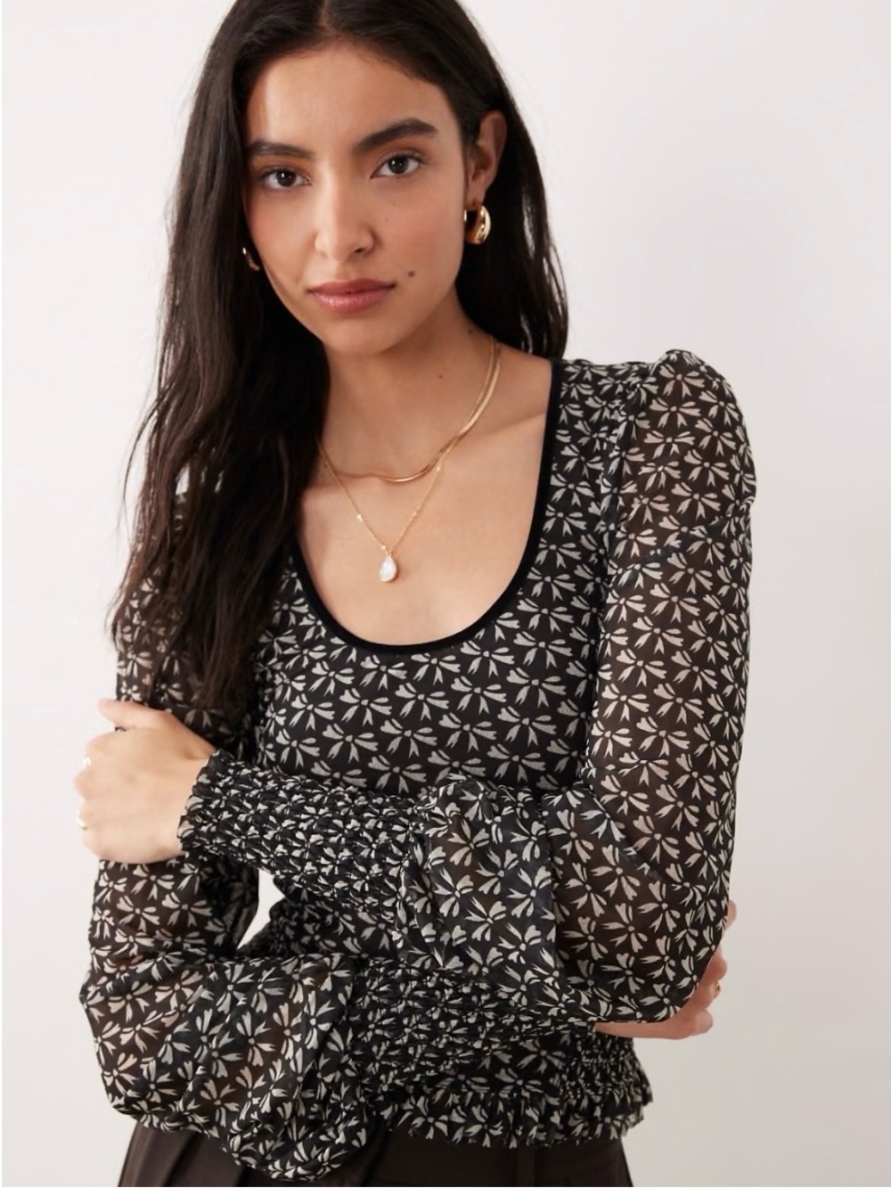Free People Black Dottie Mesh Puff Sleeve Top NWT